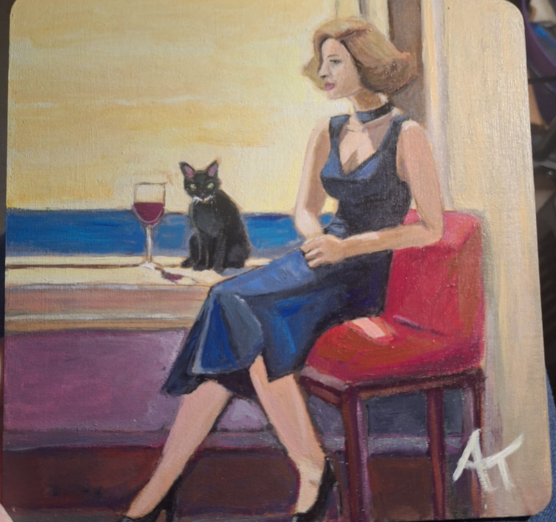 Original Hand 8x8 Red Acrylic Wood Panel Cat And Woman Wall Art Signed gallery