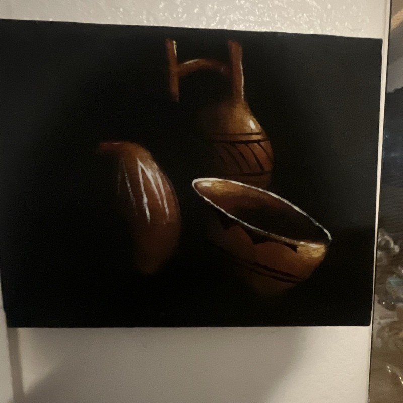 Canvas. Original Artwork. Unique Southwestern Design Clay Pots On Black.