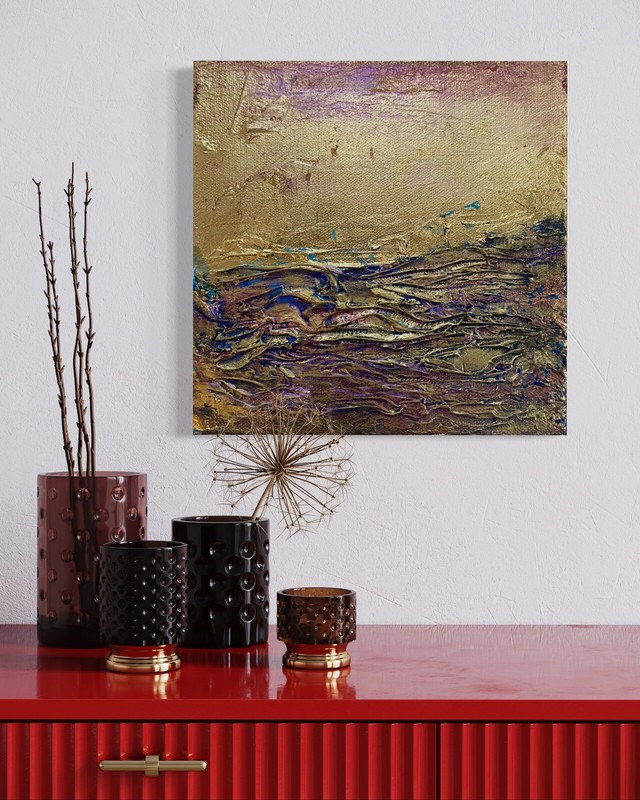 Modern Original 24 Carat Gold Leaf Small Painting Purple Heavy Texture Anya