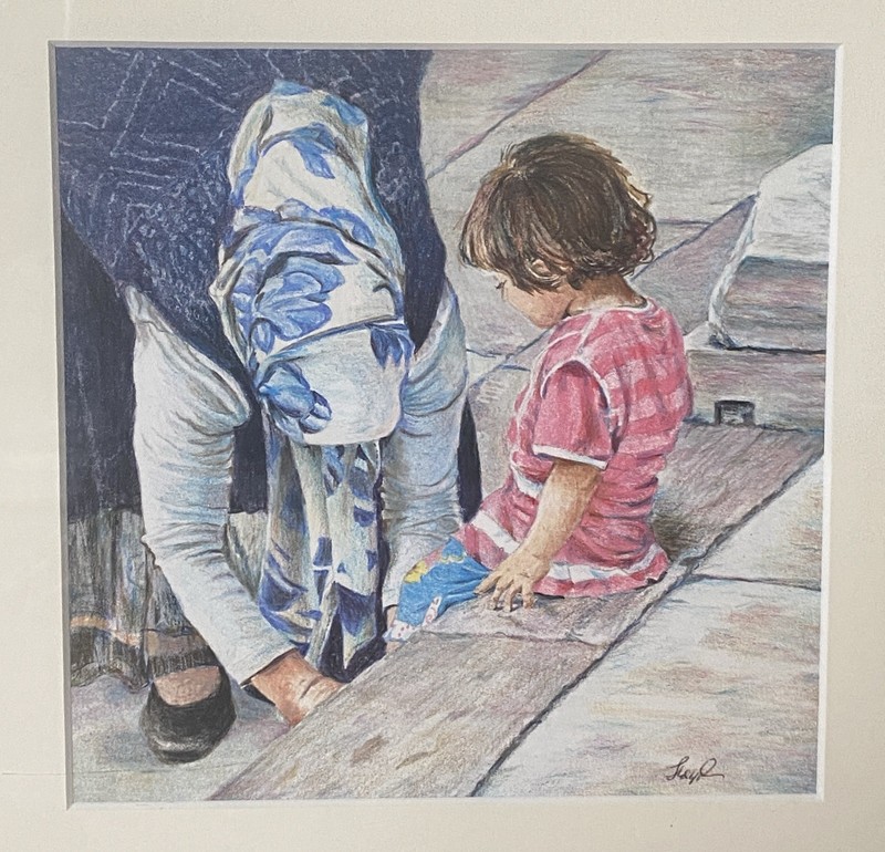 Lloyd Childers NC Original Framed Pastel Painting - Muslim Woman Helping Child gallery