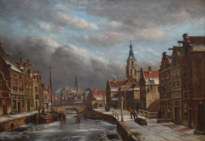 PETRUS VERTIN-Dutch Realist-Original Signed Oil-Dutch Canal Winter/Ice Skating