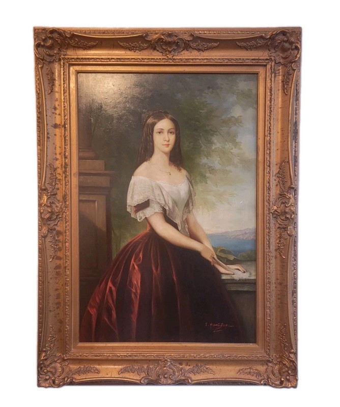 Large Framed Embellished Oil Print Elegant Woman in Red Dress Signed