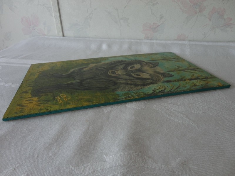 Original Painting Signed F Bob 2005 Wolf Wildlife On Plywood Board 15" x 8-5/8 gallery