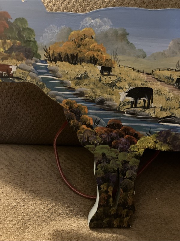 OOAK HANDMADE HAND PAINTED SIGNED COWS IN FIELD NEAR STREAM LEATHER HANGER gallery