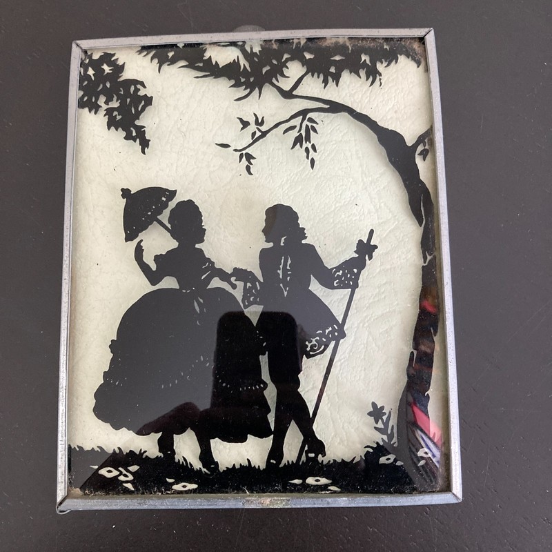 Antique Silhouette Art – Reverse Painted Convex Bubble Glass – Victorian Couple