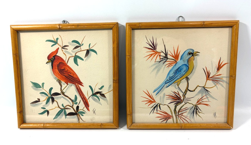 Vintage Bluebird & Cardinal Paintings Bamboo Style Frame Rieman House of Baldwin