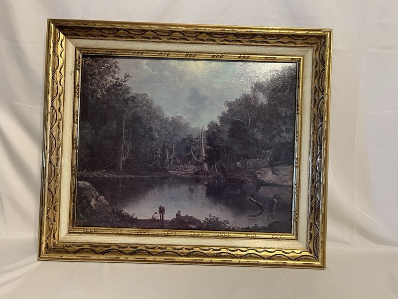 Beautiful Oil Painting on Canvas – Lake And Fisherman Landscape Scene, 24 x 20