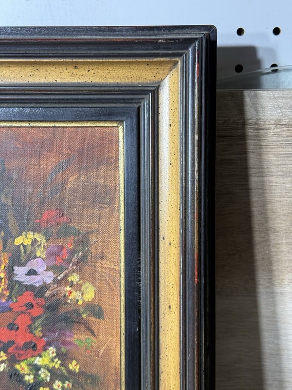 Vintage European Floral Oil On Canvas Still Life Framed Sign 11 1/4” X 13 5/8” gallery