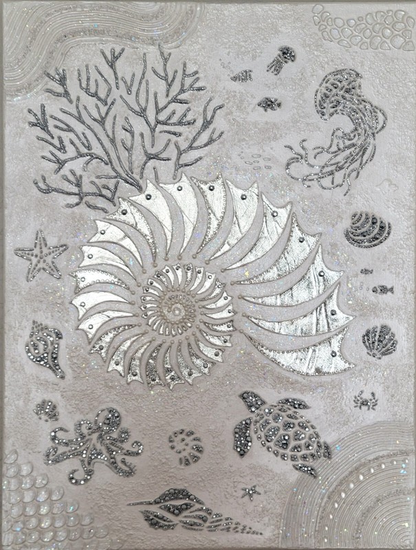 Original Canvas Painting SHELL, Silver, Glitter, Pearl, Acrylic Texture Paste gallery