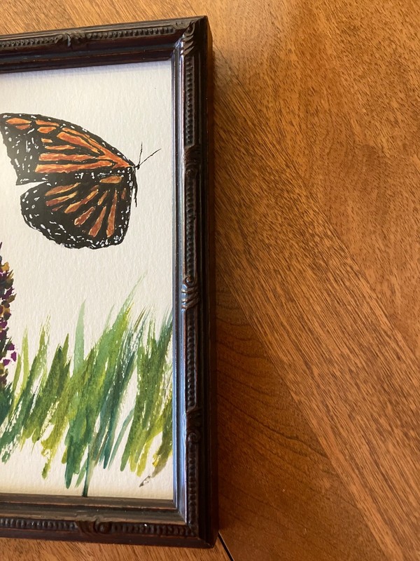 Original Watercolor Painting in VTG Wood Frame; Butterfly, Flower; 4 1/8 x 6 7/8 gallery