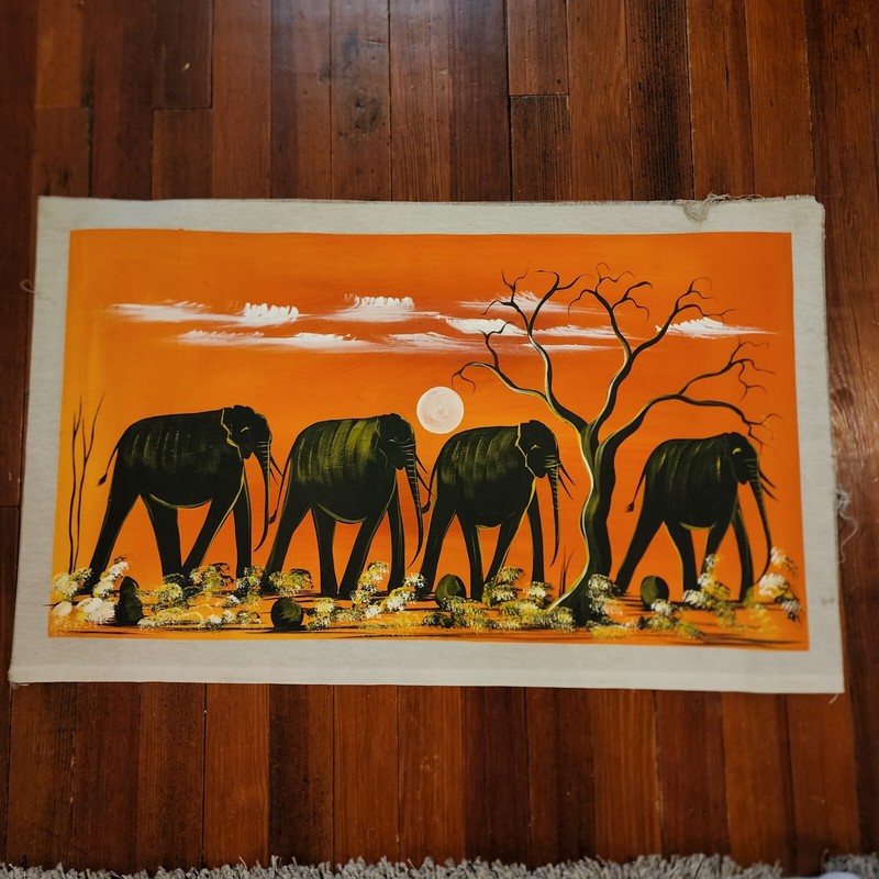 Authentic Elephant Family at Sunset African Painting – Fabric Canvas 19 x 32 in