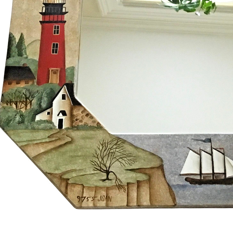 Hand-Painted Lighthouse Nautical Mirror 18x18 Folk Art Coastal Ship Wall Decor gallery