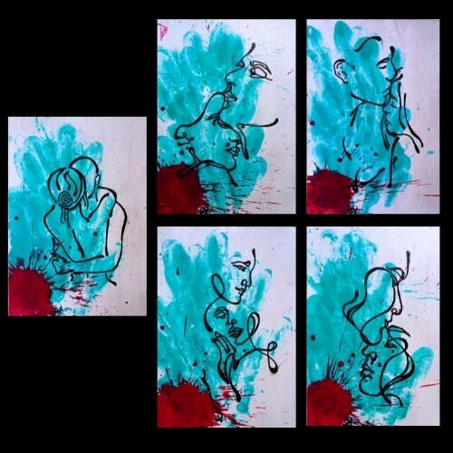5 Pcs ACEO Original Couple Lovely Painting Different Outline Art Lot New OOAK