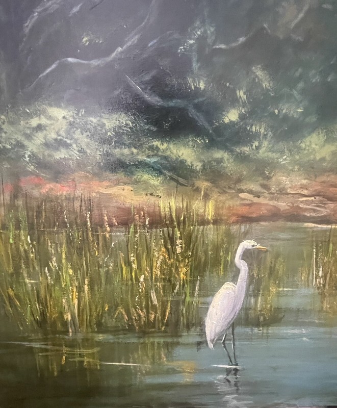 Dorothy Kucera, Texas Artist - Oil Painting - Buck and Egret at Lakeshore gallery