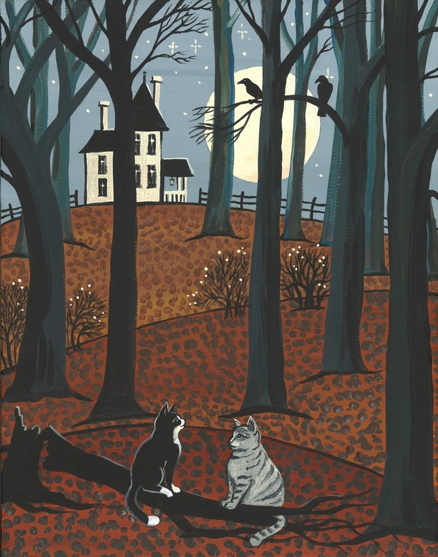 8×10 PRINT OF PAINTING RYTA TUXEDO CAT CROW TABBY HOUSES FOLK ART Halloween 🎃