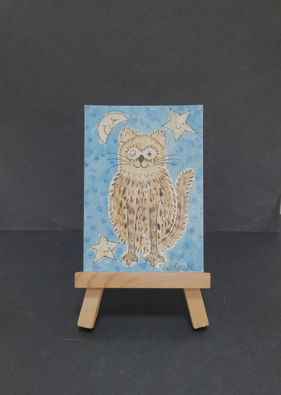 THE OWL AND THE PUSSYCAT, MOON STARS Watercolor PEN & INK ACEO Original Painting