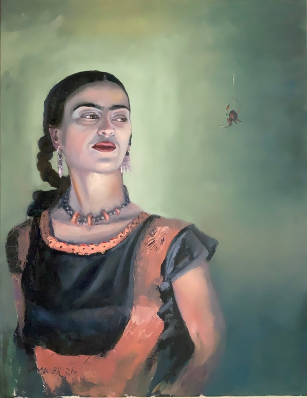 Frank Maier Oil Painting: Portrait of Frida Kahlo w. Spider. 22″x28″ (Unframed)