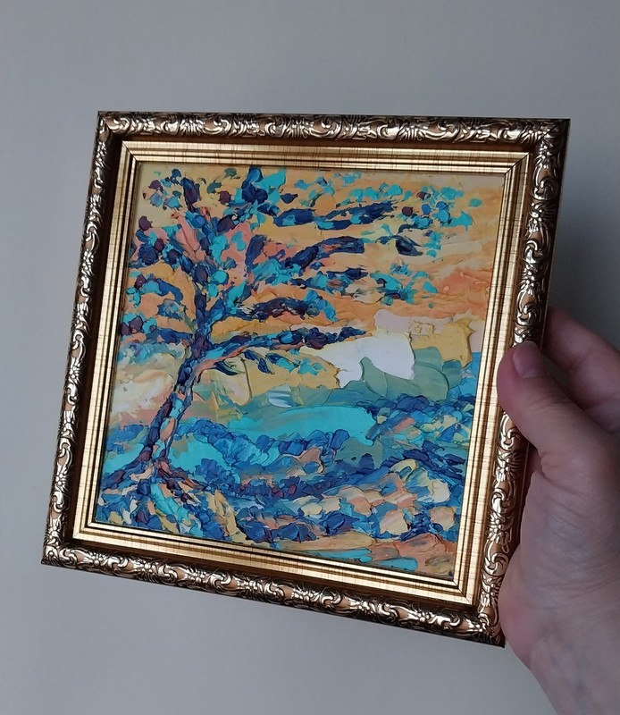 Framed Abstract Tree Landscape Lonely Tree Art 6x6 Impasto Oil Painting Original gallery
