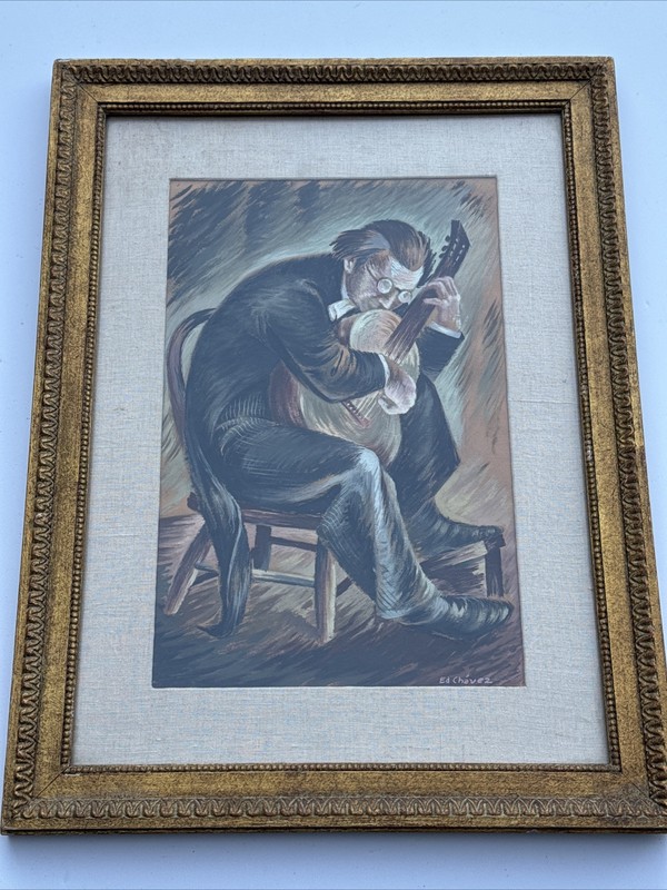ANTIQUE PAINTING MUSICIAN GUITARIST GUITAR PLAYER CHAVEZ LISTED NEW YORK WPA