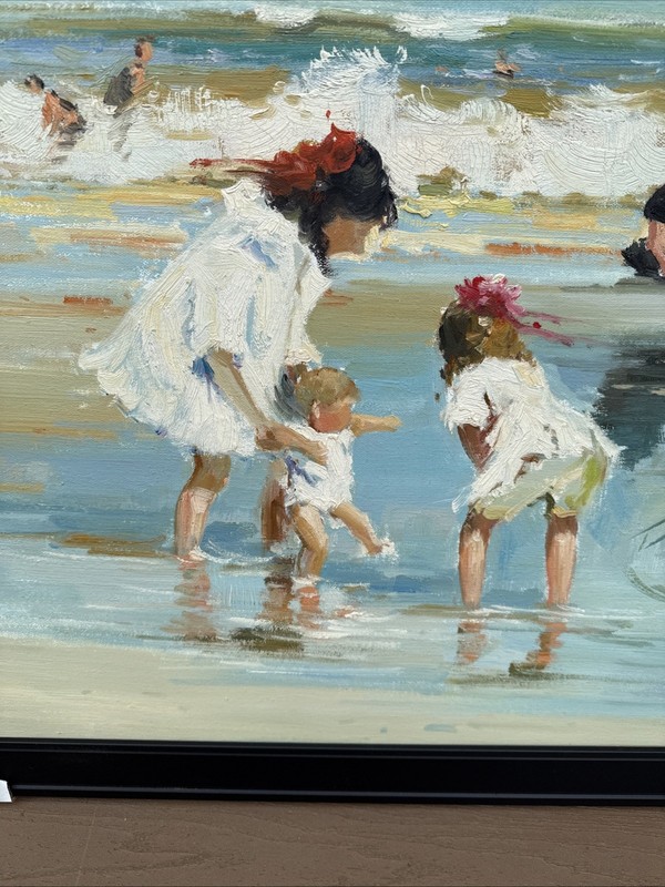 La Pastiche Children Playing at the Seashore with Gallery Black, 24" x 28" Oil gallery