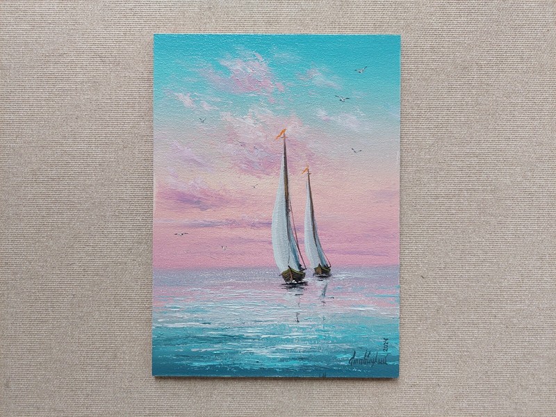 Romantic Love on the Sea Original Oil Painting. Art in pastel pink and blue tone