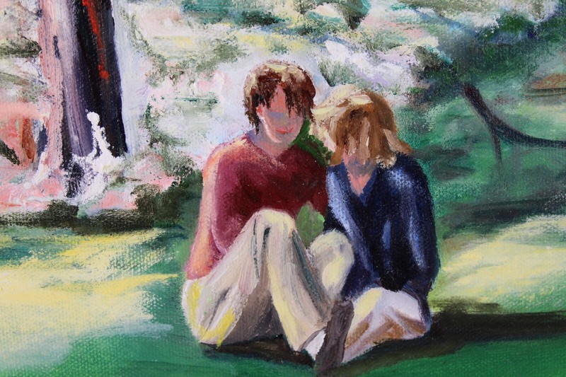 Vintage Couple In The Woods Landscape Oil Painting On Canvas Signed Illegible gallery