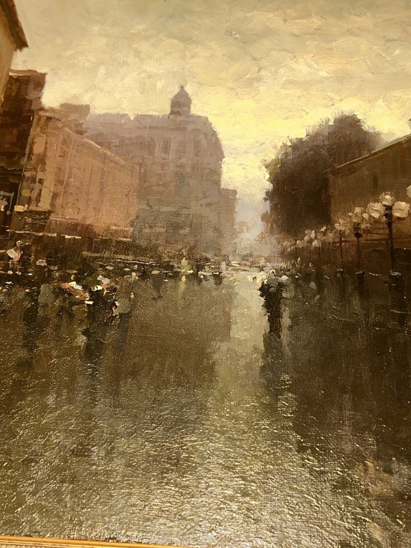 Signed 1993 Russian Moscow Oil On Canvas Painting Dusk Street Scene 27.5×20