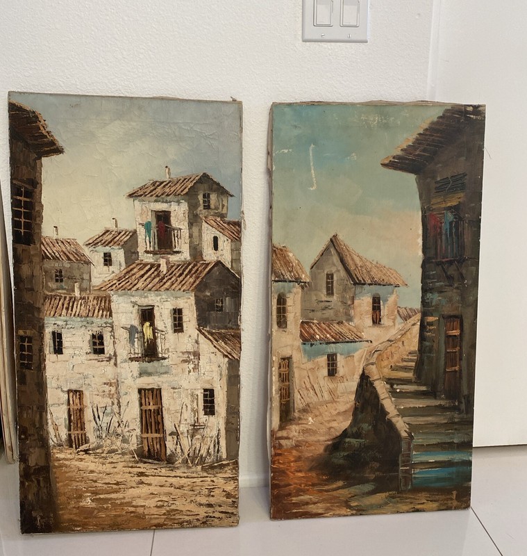 Vntg Oil Painting Madrid Spain Village Street Scene 30”x 15” Set Of 2 Free Ship! gallery