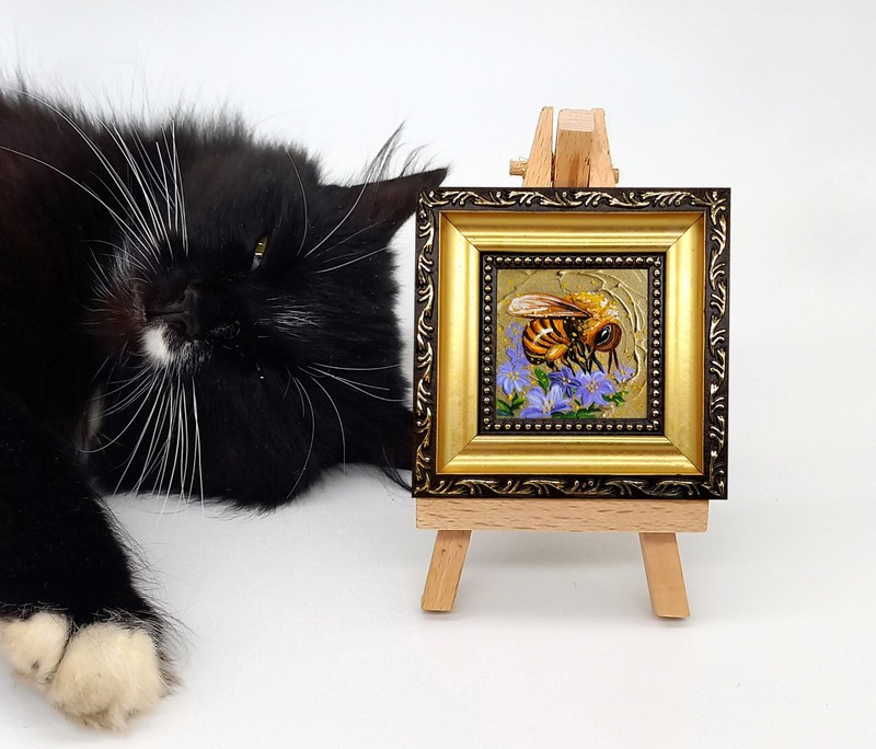 Honeybee Oil Painting: Mini Art for Bookshelf, Bee on Violet Flowers 2 by 2 in gallery