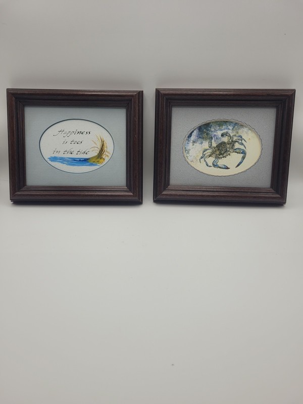 Framed Handmade Watercolor Crab and Beach Art Set, Nature Marine Life, Small