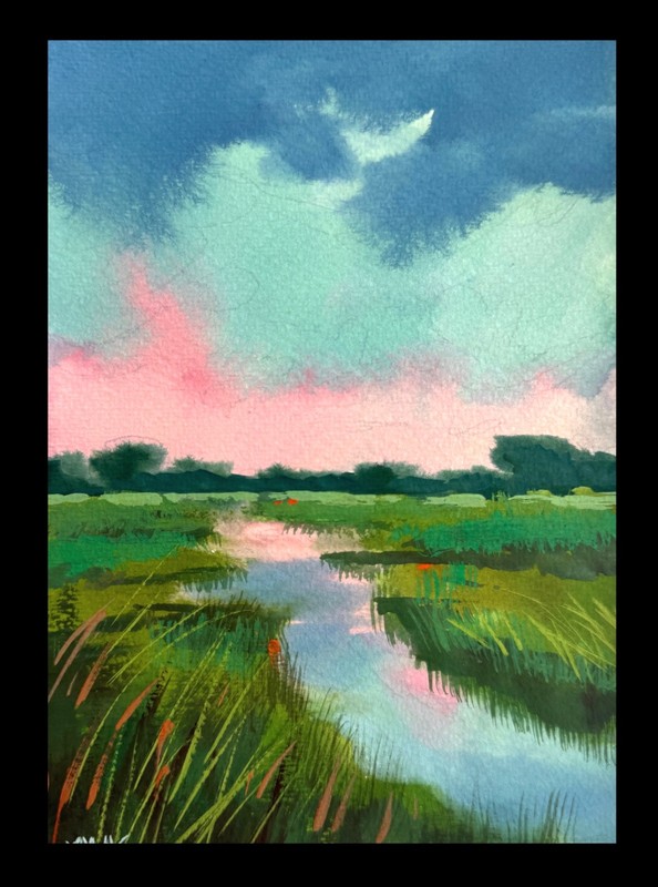 Marsh Sunset Wall Art Original Gouache Painting Miniature Lake Nature Decor 6x4 gallery