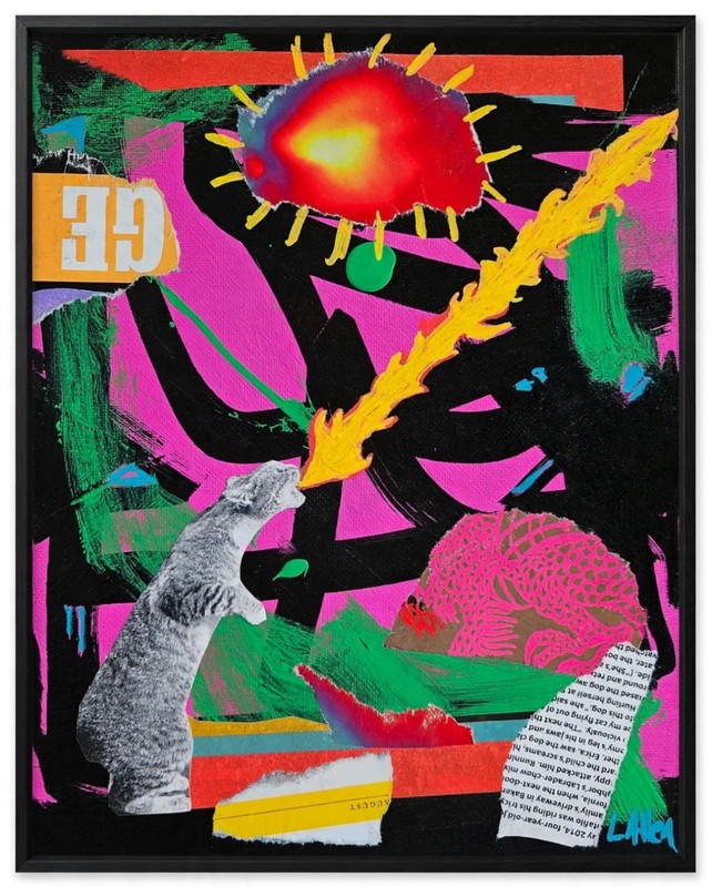 Original 8×10 Cat Art – Fire Breathing Cat Mixed Media Collage Painting Signed