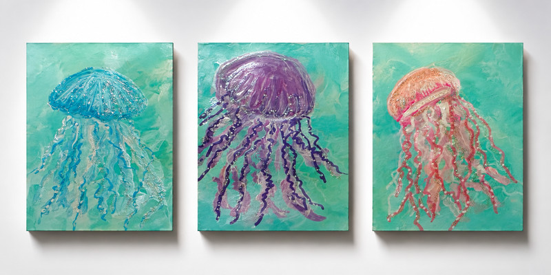 ACEO Jelly fish , mini Acrylic Original Art Card, set of 3 2.5” X 3.5”