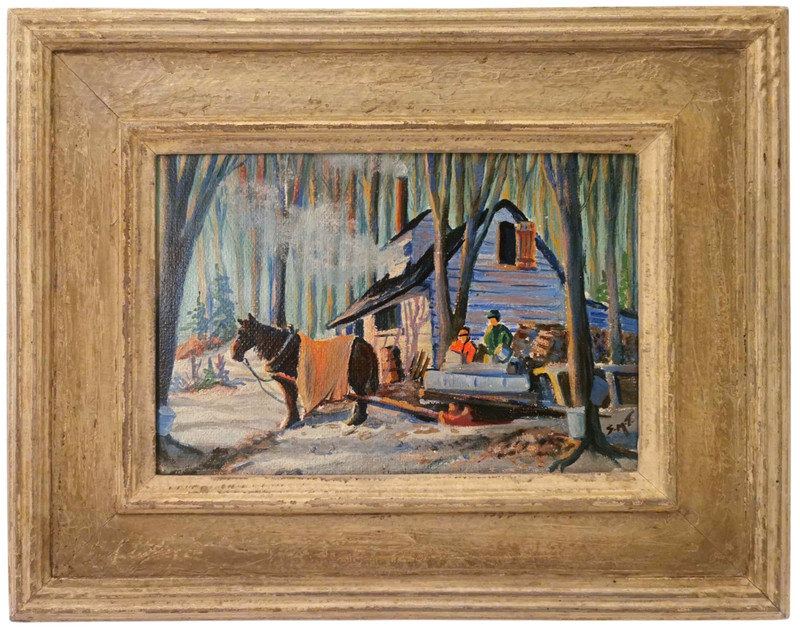C.1940’S AMERICAN POST-IMPRESSIONIST, SGND S.M.T. O/B MAPLE SUGARING, ORIG FRAME