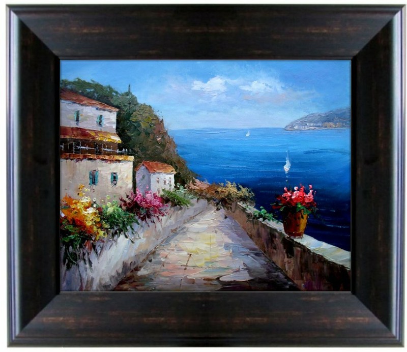 Framed Mediterranean Seaside Villas 21 Quality Hand Painted Oil Painting 16x20in