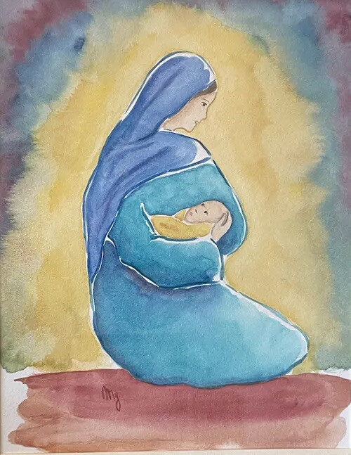 Madonna Mary & Child Jesus Watercolor 18” Original French Painting Artwork Art