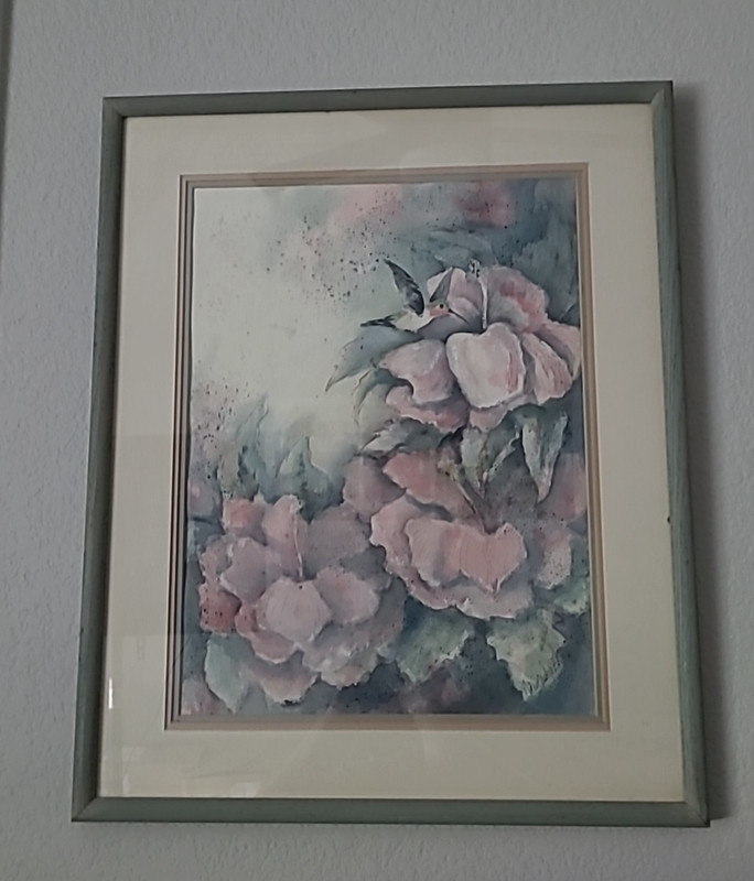 Hummingbird &Flower Painting Linda Neuenschwander Texas 16×20 pic 17×21 Frame