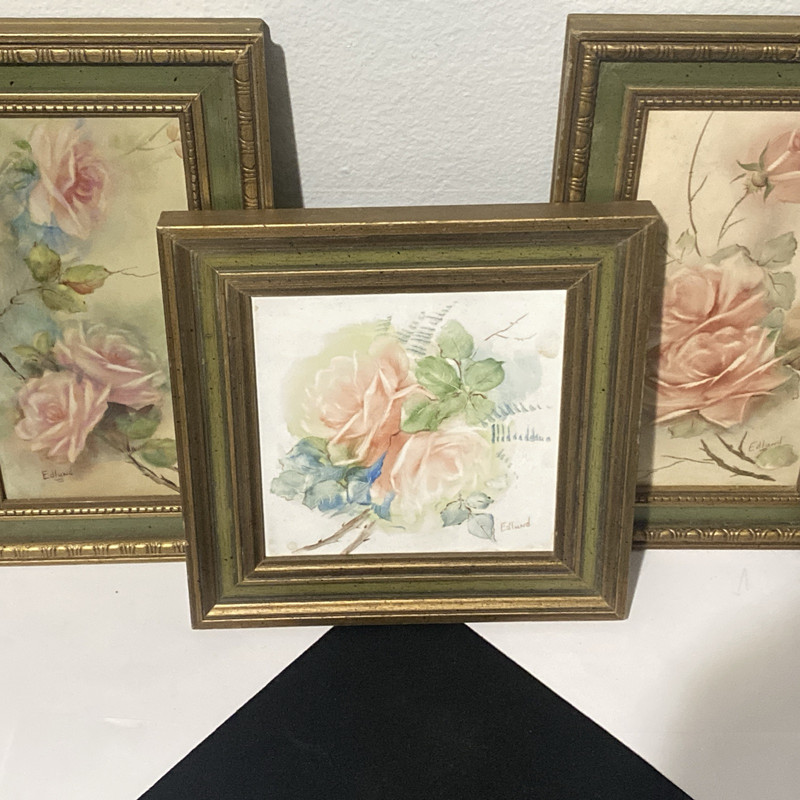 Signed Hand Painted Porcelain Tile Floral Plaque Framed Picture Wall Hanging gallery