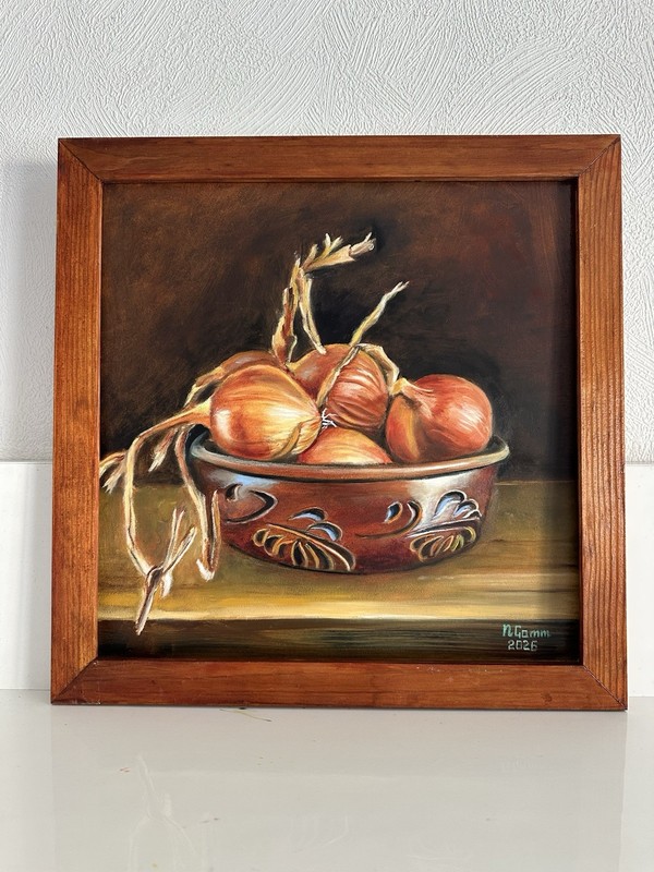 original oil painting Onions In Bowl 30x30cm rural still life Wall Art Gift