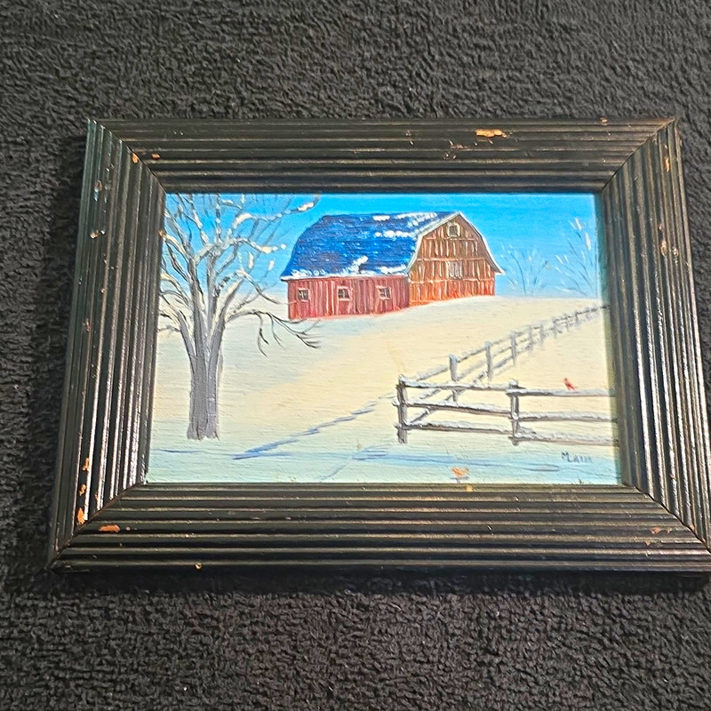 Main Framed Signed Realism Painting Winter Barn Landscape Snow Fence Trees