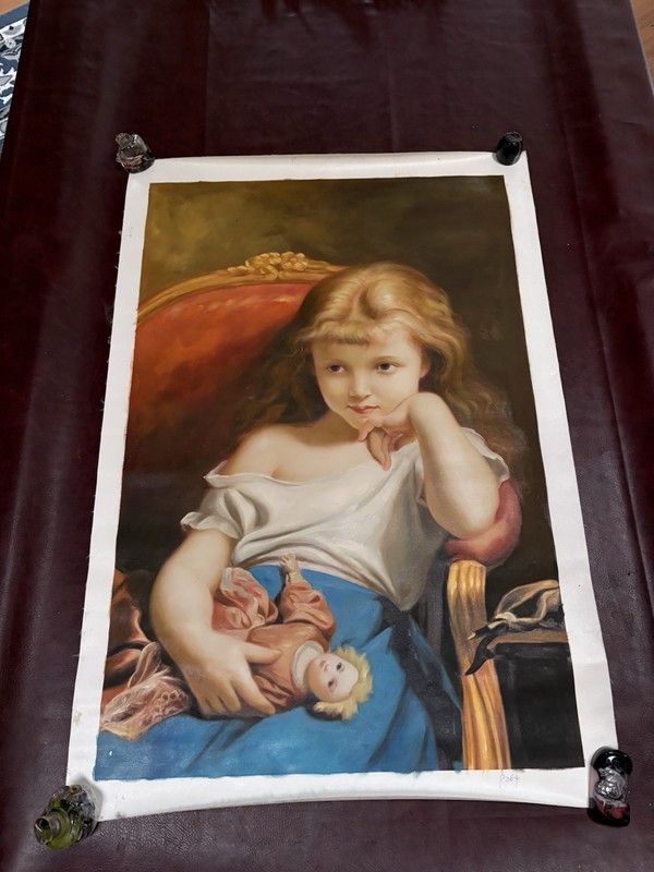 Old Master Art Antique Oil Painting Portrait small girl on canvas 27×39 Original