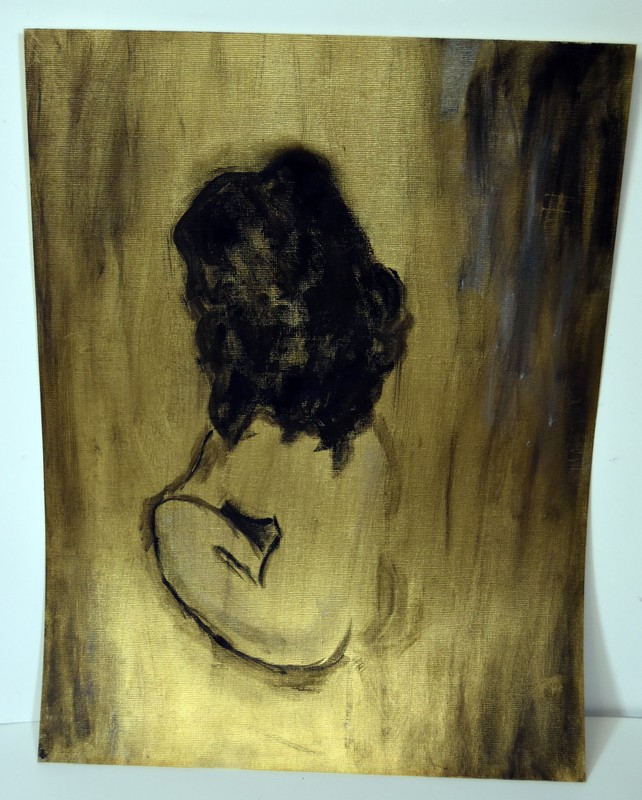 15″ Vintage Painting on Canvas Nude Woman Body Back Pose Long Hair