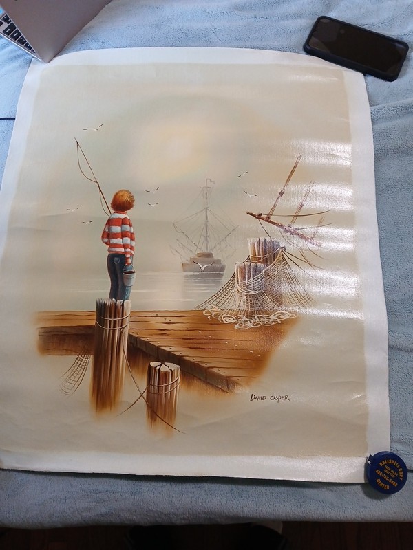 Vintage David Casper original oil painting -Boy fishing -boat – signed-23″x26″