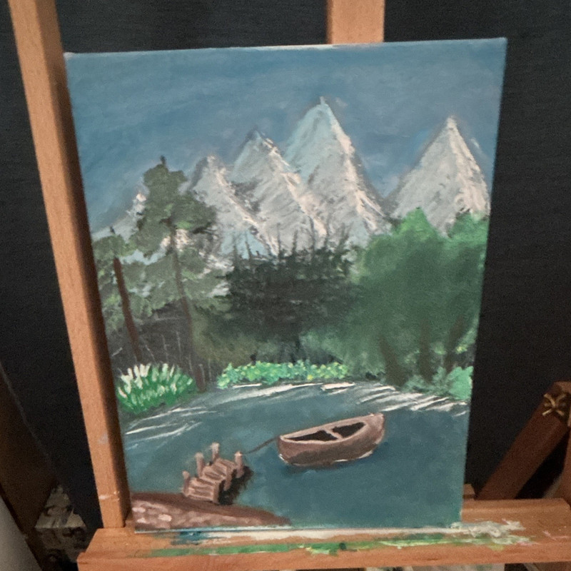 Impressionist Landscape Painting Small Unframed Mountains Lake Trees Boat