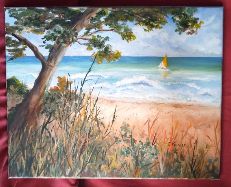 Oil Painting Ocean Trees Nautical Coastal Landscape Signed Art Sailboat Sea Oats