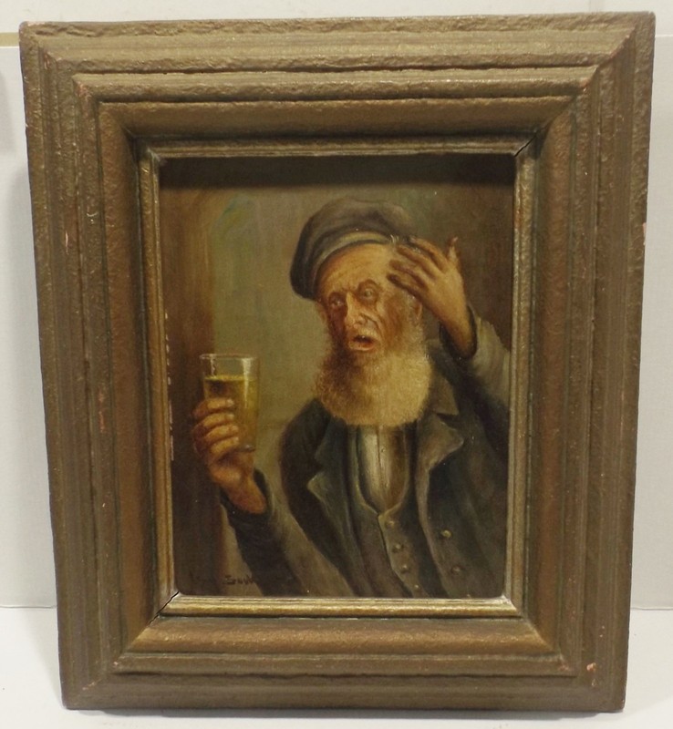 Old oil painting «The Drunkard with Glass» illegible signed in frame 31x36cm