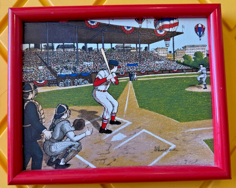 Vtg H. Hargrove Baseball Oil Art Opening Day Serigraph Canvas Wood Framed Signed