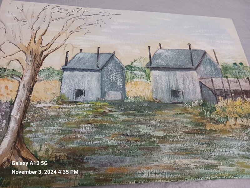 Original Oil painting Landscape Study Bare Tree & 2 Rustic Structures 21" X 15" gallery