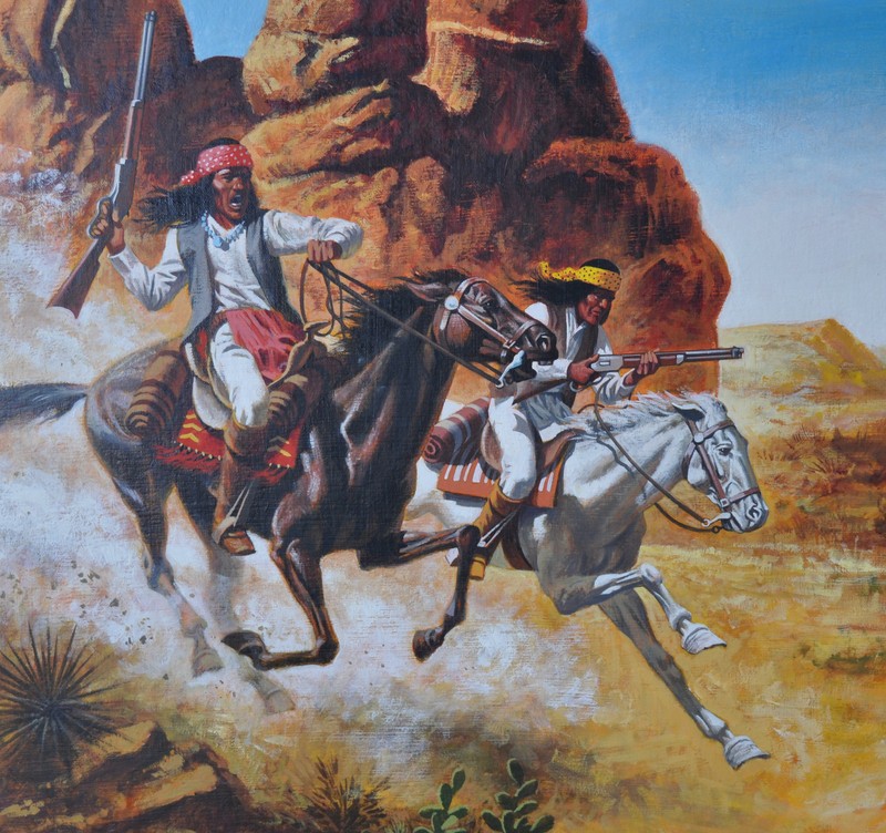 JAMES E. SEWARD (1926-) ORIGINAL OIL PAINTING APACHE «GERONIMO» ON HORSEBACK
