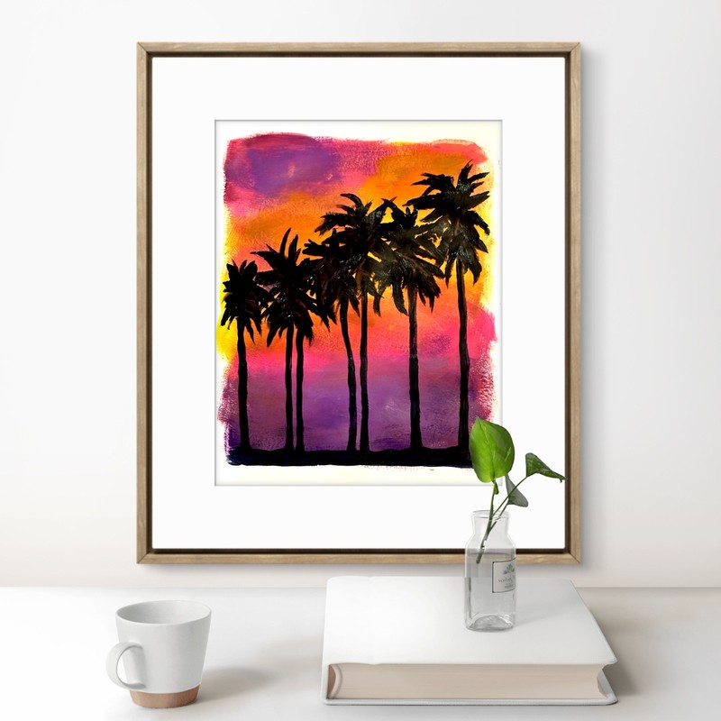 Original Palm Tree Sunset 11x14 Paper Bold Expressionist Painting Signed Art gallery